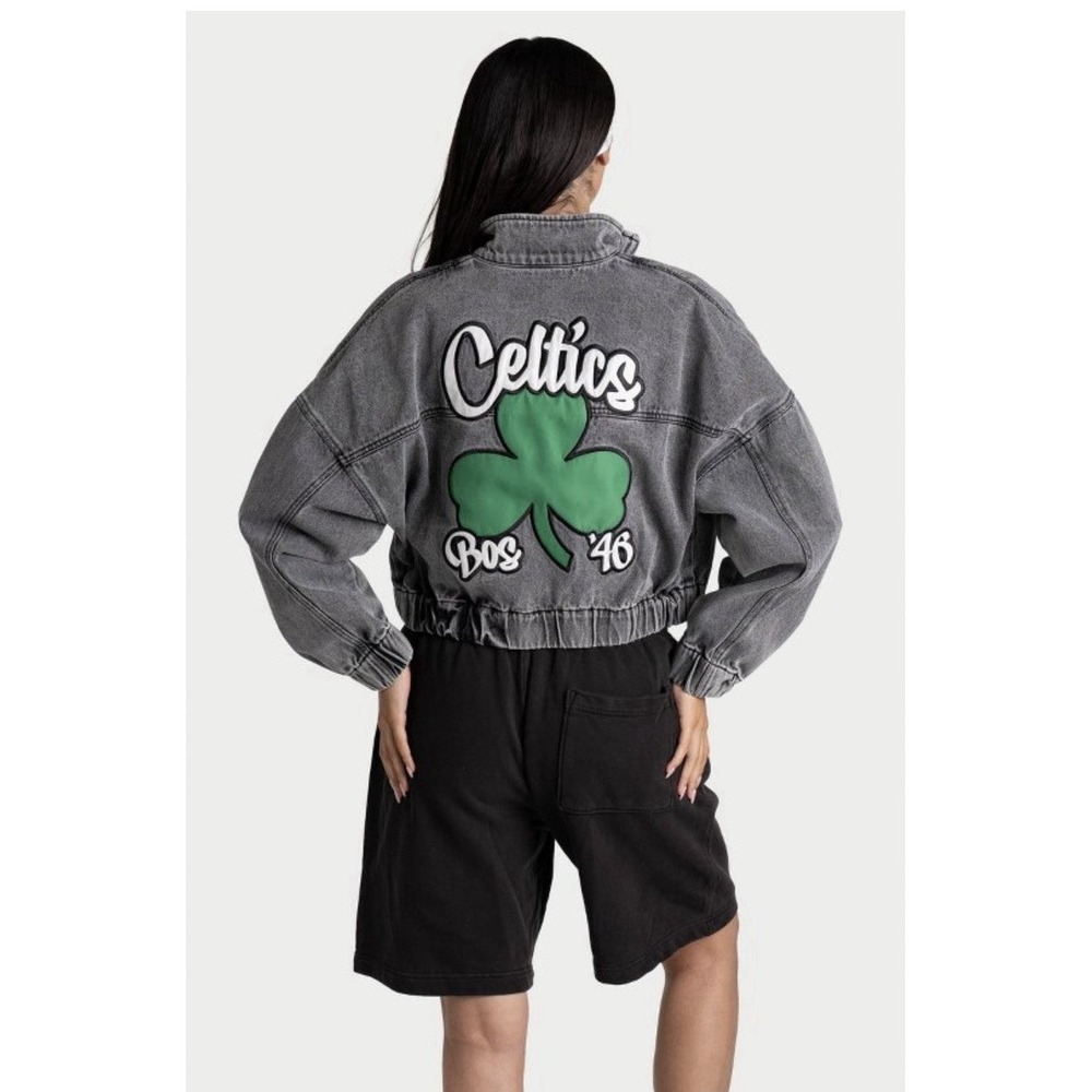 NBA Boston Celtics Cropped Denim Jacket Gray Size Large NWT